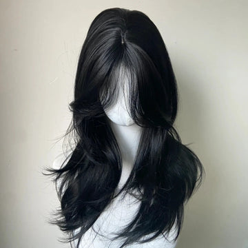 Popxstar Ashely Black Wig Female Headband Body Wavy Rose Hair Net Models in French Bangs High Quality Simulation Hair Synthetic Wig 가발